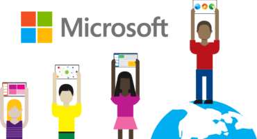 Animated Characters holding up Tablets showing Microsoft Software