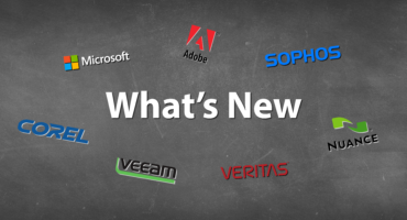 Blackboard effect backround with modern Whats new text featuring Adobe, Sophos, Nuance, Veritas, Veeam, Corel and Microsoft logos