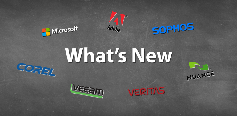 Blackboard effect backround with modern Whats new text featuring Adobe, Sophos, Nuance, Veritas, Veeam, Corel and Microsoft logos