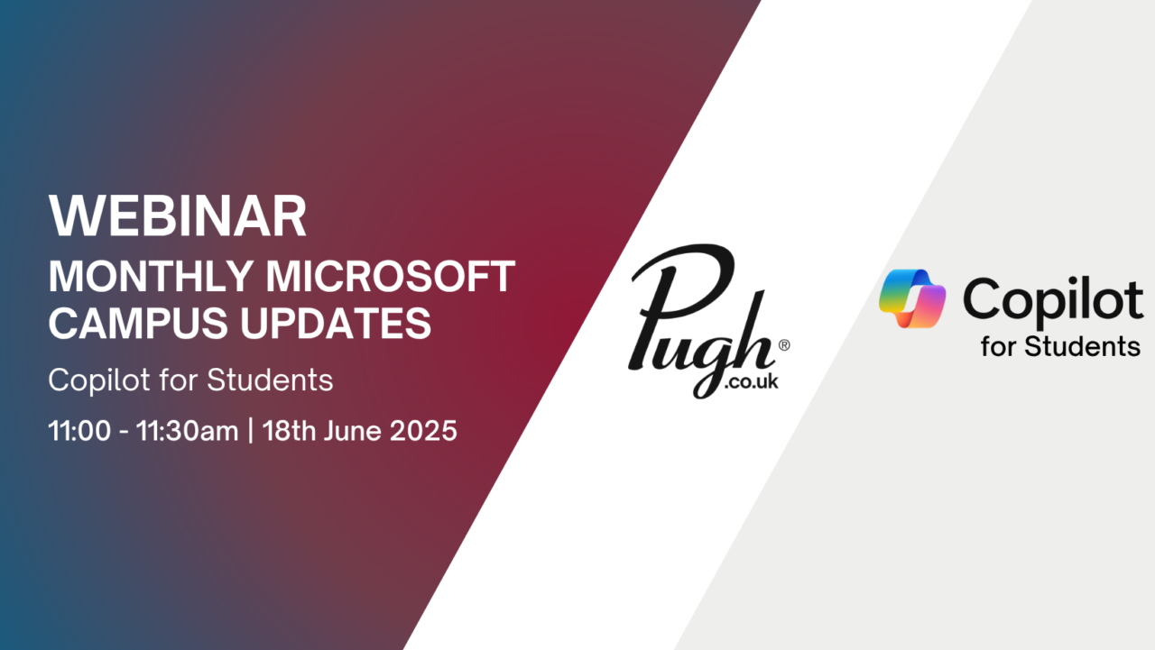 Promotional banner for the 'Monthly Microsoft Campus Updates' webinar on Copilot for Students, scheduled for 18 June 2025, featuring Pugh.co.uk and Microsoft Copilot logos